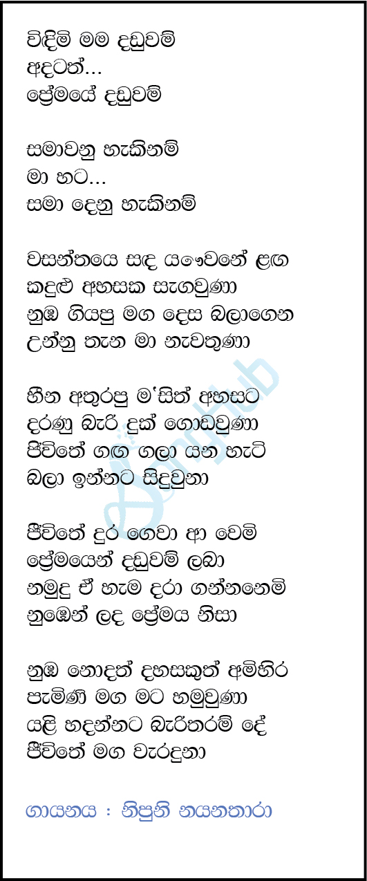 Vindimi Mama Danduwam Song Sinhala Lyrics