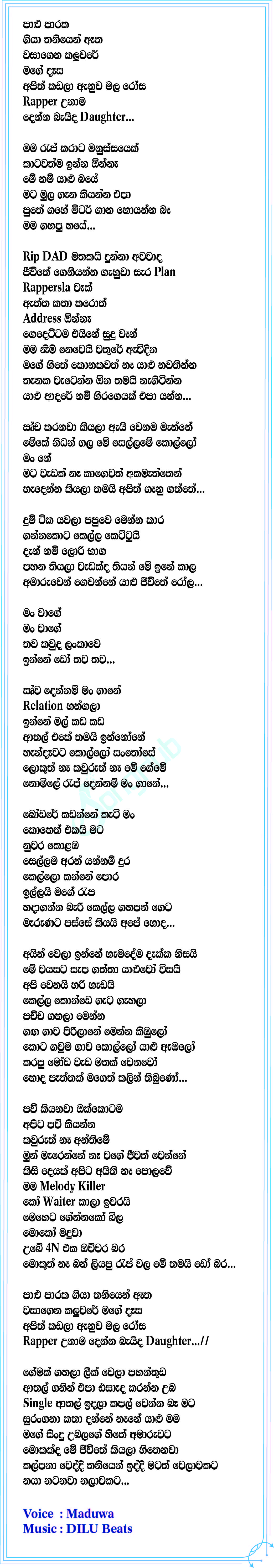 Palu Para (Rap) Song Sinhala Lyrics